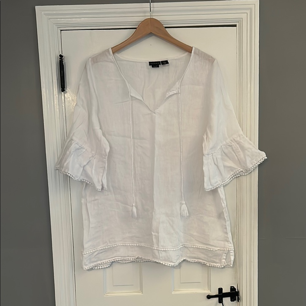 Tahari White Ruffled 3/4 Sleeve Blouse with Mandarin Collar